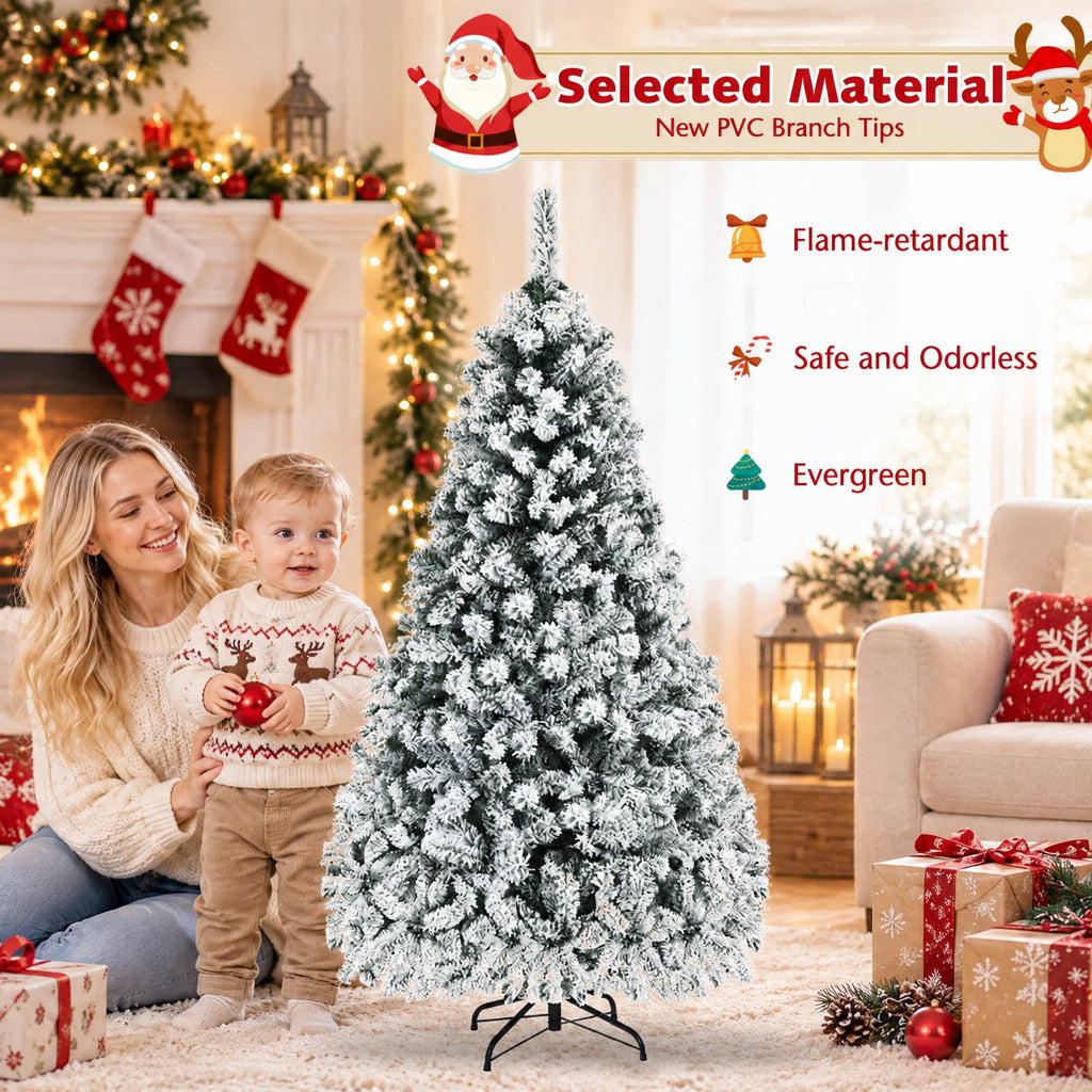 Airfind Pre-Lit Premium Snow Flocked Hinged Artificial Christmas Tree-7.5 ft, White and Green, True-to-life appearance with wintry flocking
