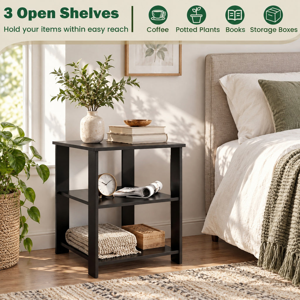 Airfind 3-Tier Modern Nightstand Square Side Table with Open Storage Shelves Set of 2, 66 lbs Capacity, Engineered Wood Frame, Black