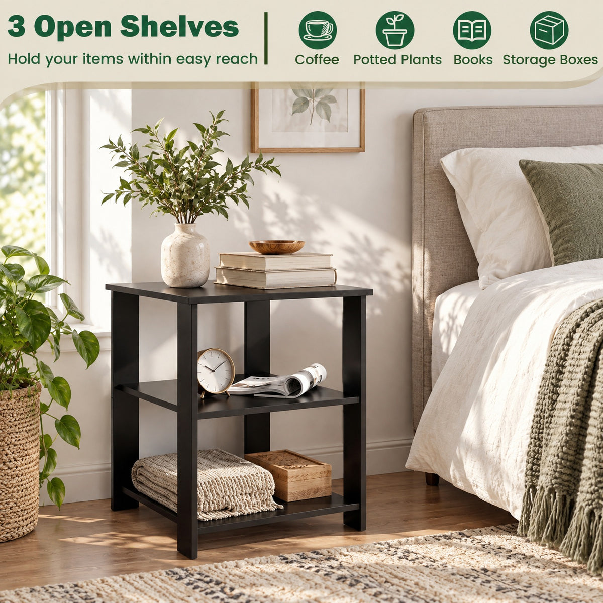 Airfind 3-Tier Modern Nightstand Square Side Table with Open Storage Shelves Set of 2, 66 lbs Capacity, Engineered Wood Frame, Black