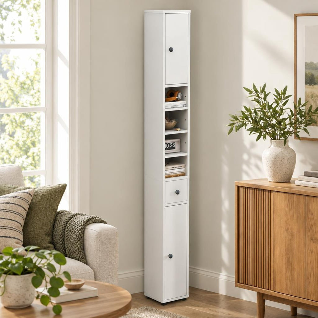 Airfind Freestanding Slim Bathroom Cabinet with Drawer and Adjustable Shelves, 110 lbs Capacity, MDF Frame, 8in x 8in x 71in Total Footprint, White
