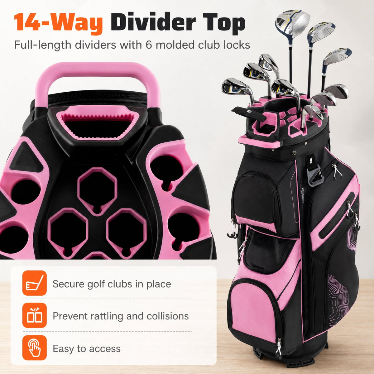 Airfind Molded Lock Top Golf Cart Bag with 14 Way Full Length Dividers and 11 Pockets, Pink Golf Club Bag with Dividers