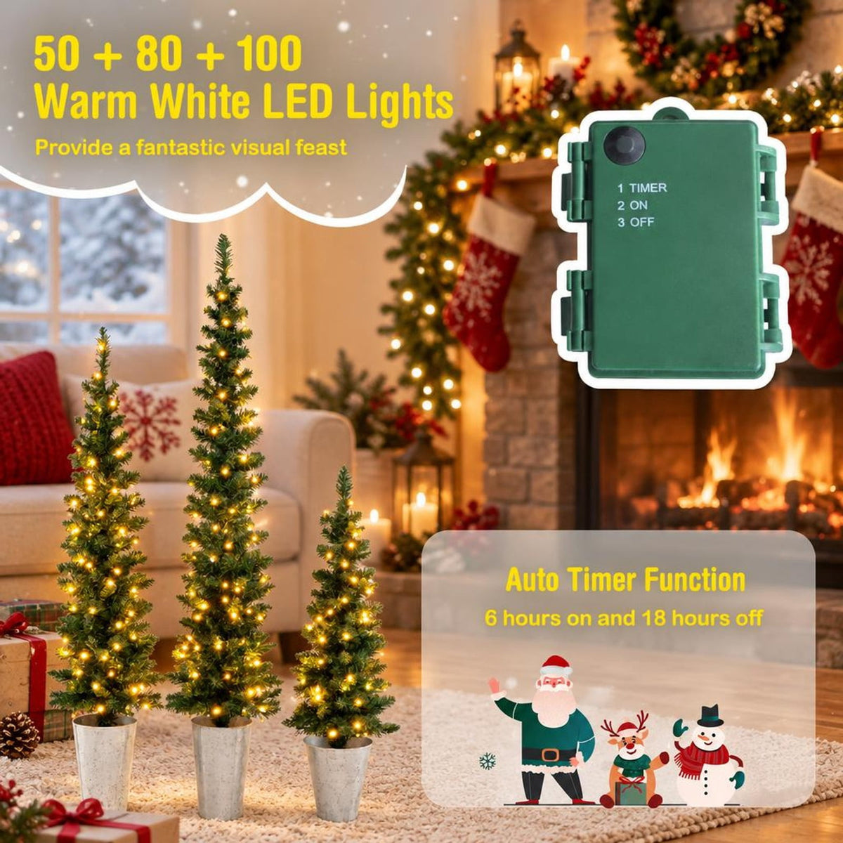 Airfind Set of 3 Pre-Lit Artificial Christmas Trees with 230 Warm White LED Lights, PVC Tree Height 3 ft Tree Width 10 Inch Frame, White