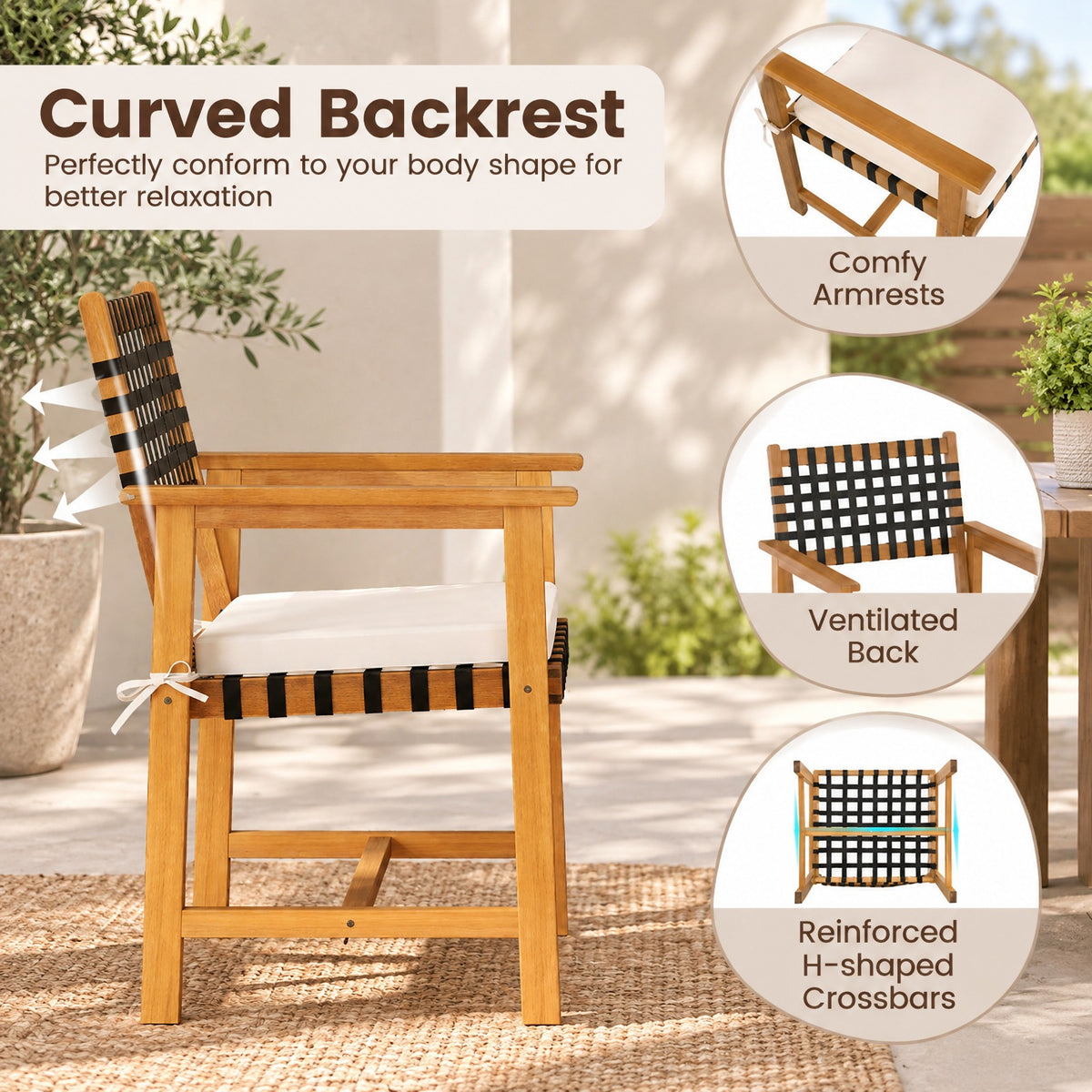 Airfind Outdoor Wooden Dining Chair Set of 2 with Armrests and Curved Back, Chair 400 lbs Capacity, 23 x 22.5 x 34 Footprint, White