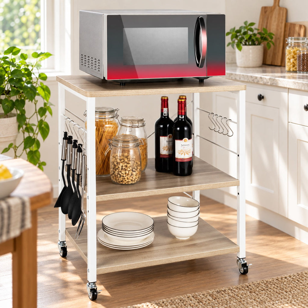 Airfind 3-Tier Kitchen Bakers Rack Microwave Oven Storage Cart with Hooks, 44 lbs Weight capacity of each shelf: 22 lbs Capacity, Iron Frame, Brown