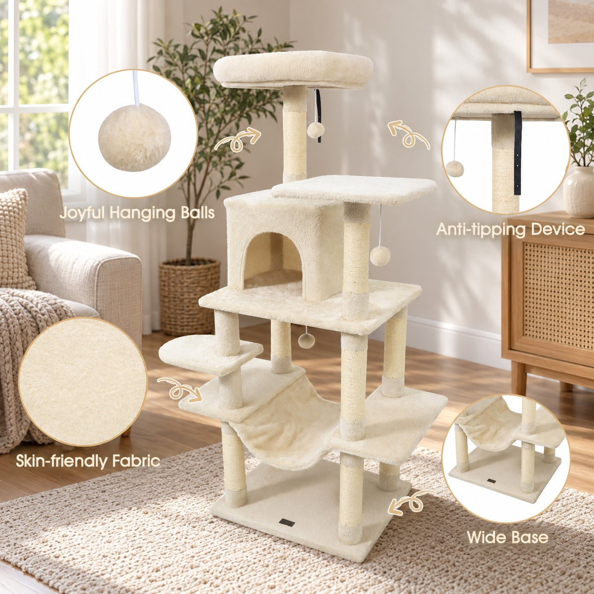 Airfind 58 Multi-Level Cat Tree Soft Plush Cat Tower with Padded Top Perch, PP Cotton Fabric Sisal Engineered Wood Overall Height 58 Base Frame