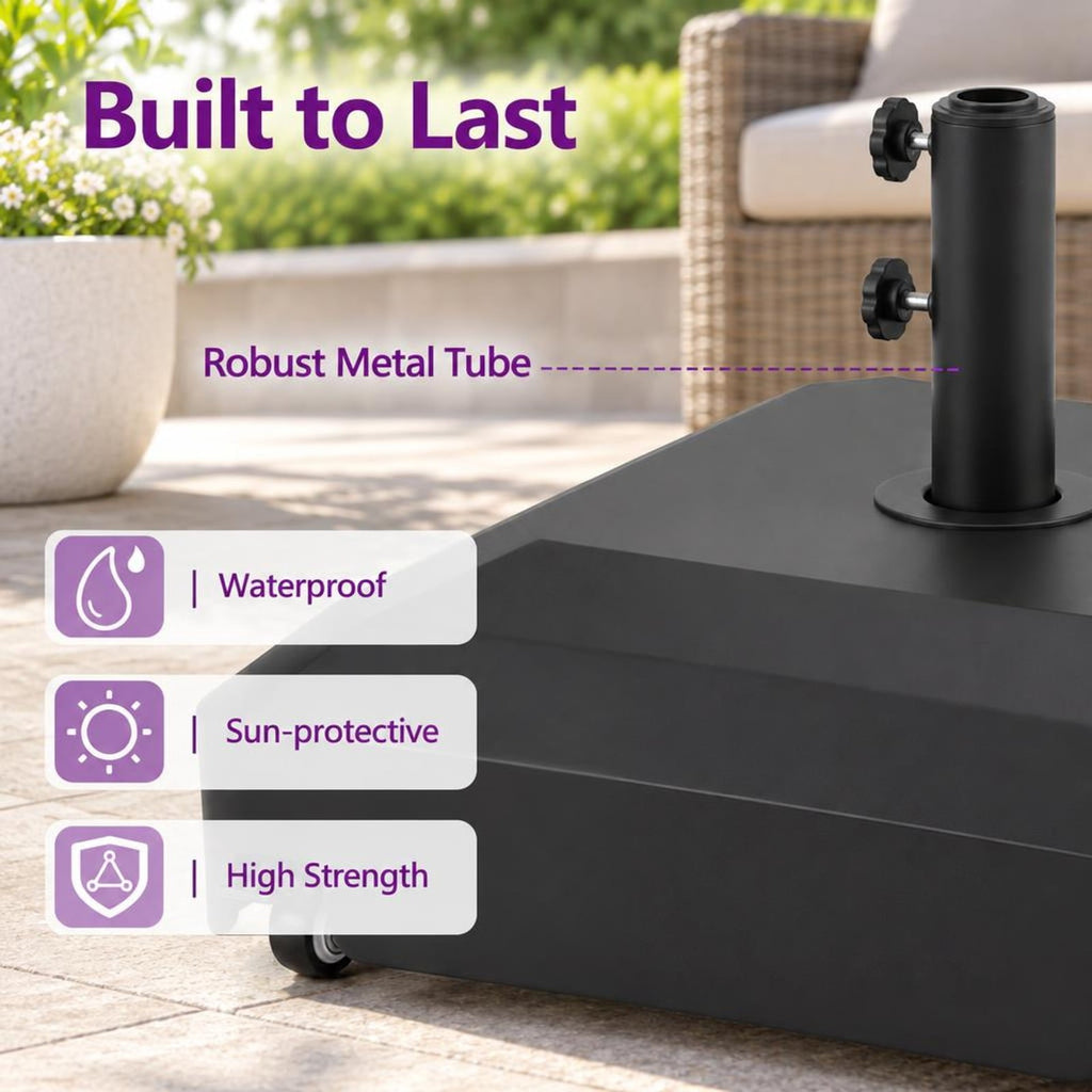 Airfind Outdoor Fillable Umbrella Base with Wheels Water Sand Weighted Umbrella Stand, PP Metal PVC Frame, 21.5 Inch x 21.5 Inch x 16 Inch Footprint, Black