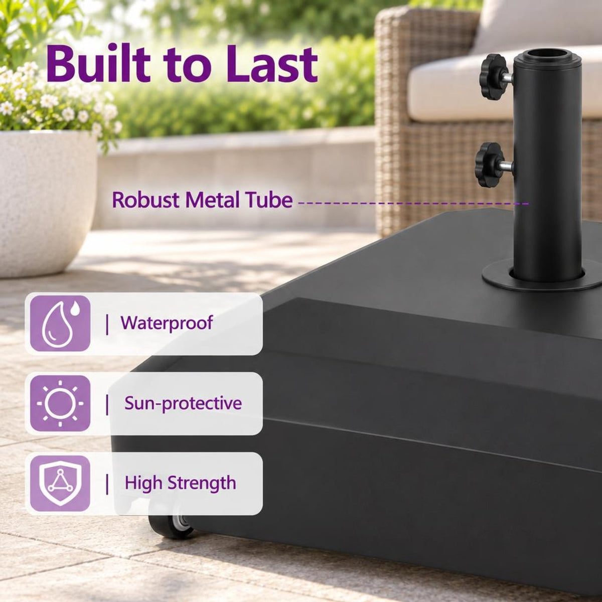 Airfind Outdoor Fillable Umbrella Base with Wheels Water Sand Weighted Umbrella Stand, PP Metal PVC Frame, 21.5 Inch x 21.5 Inch x 16 Inch Footprint, Black