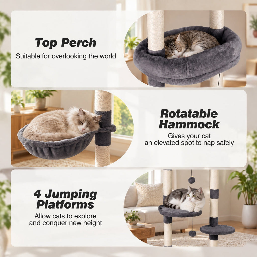 Airfind 6-tier Floor to Ceiling Cat Tree with Plush Bed and Sisal Scratching Posts, 33 kg Capacity, Plywood Plush Metal Sisal Rope Frame, Grey