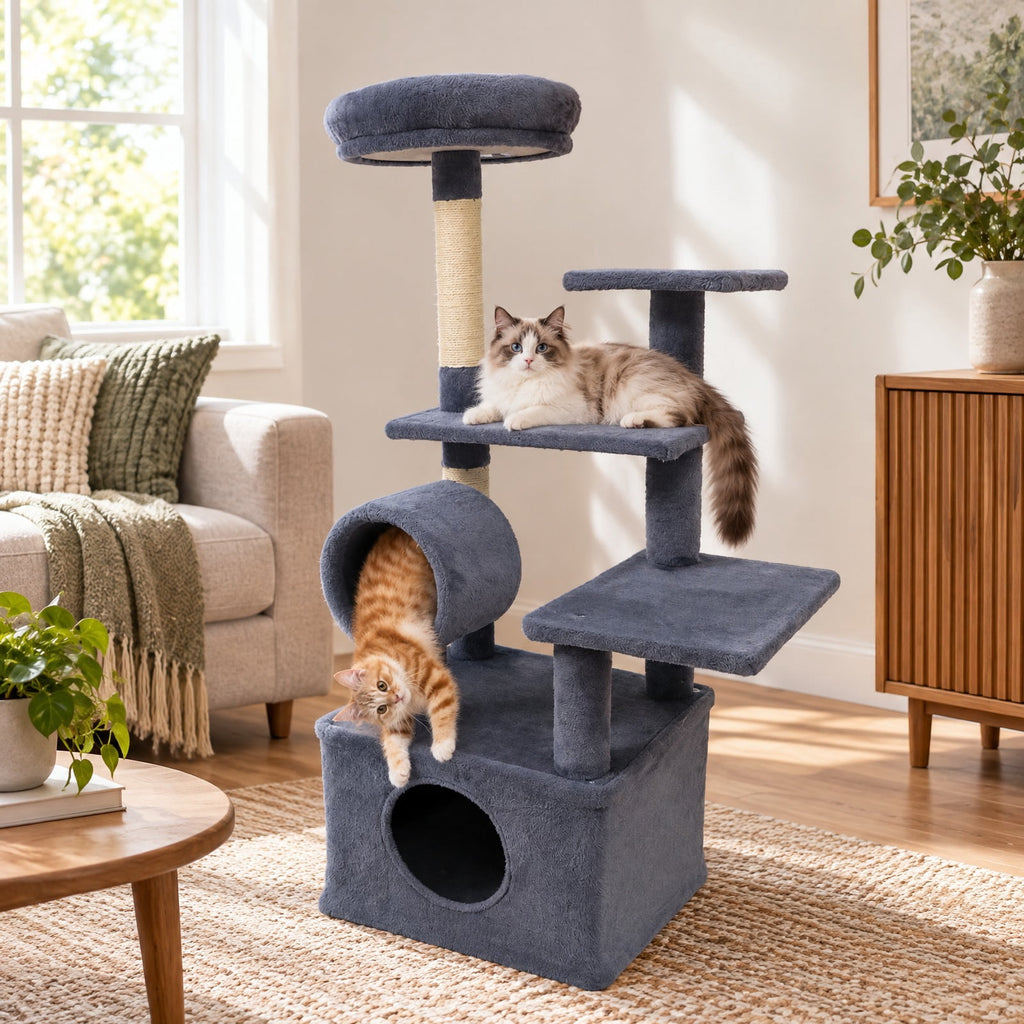 Airfind 48 Inches Tall Cat Tree Multi-Level Kitten Tower with Large Condo Padded Top Perch, Engineered Board Plush Sponge Jute Frame, Grey