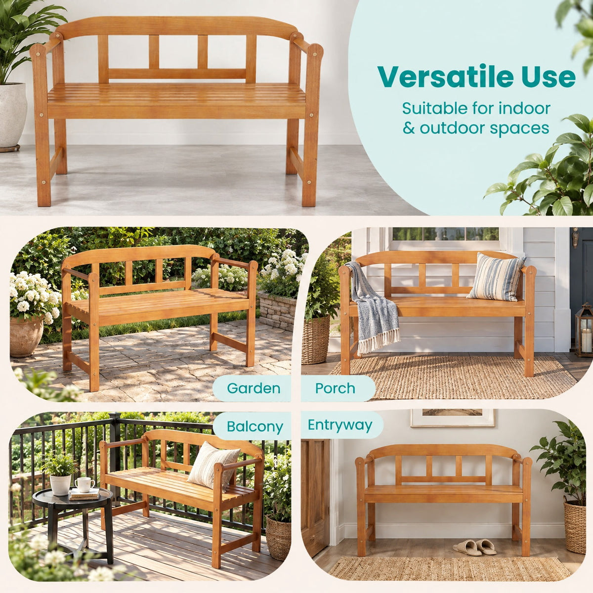 Airfind 2-Seater Outdoor Acacia Wood Garden Bench with Backrest Armrests, 800 lbs Capacity, Acacia Wood Frame, Wood