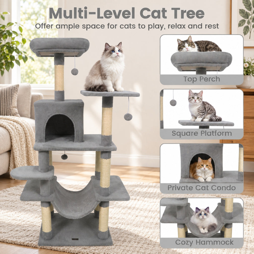 Airfind 58 Multi-Level Cat Tree Soft Plush Cat Tower with Padded Top Perch, PP Cotton Fabric Sisal Engineered Wood Overall Height 58 Base Frame