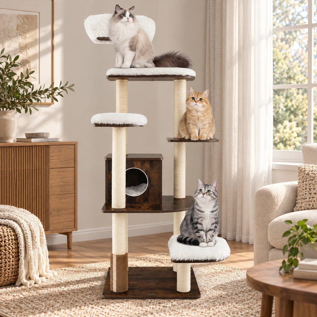 Airfind 7-Layer Wooden Cat Tree Tall Cat Tower with Sisal Posts and Condo, 33 lbs Capacity, Engineering Board Sisal Rope Plush Frame, Brown