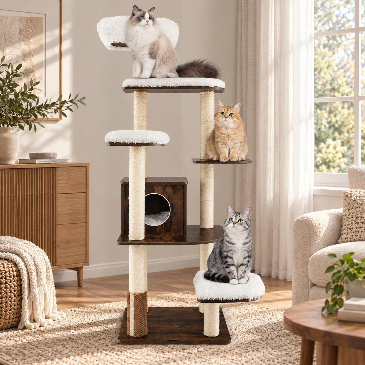 Airfind 7-Layer Wooden Cat Tree Tall Cat Tower with Sisal Posts and Condo, 33 lbs Capacity, Engineering Board Sisal Rope Plush Frame, Brown