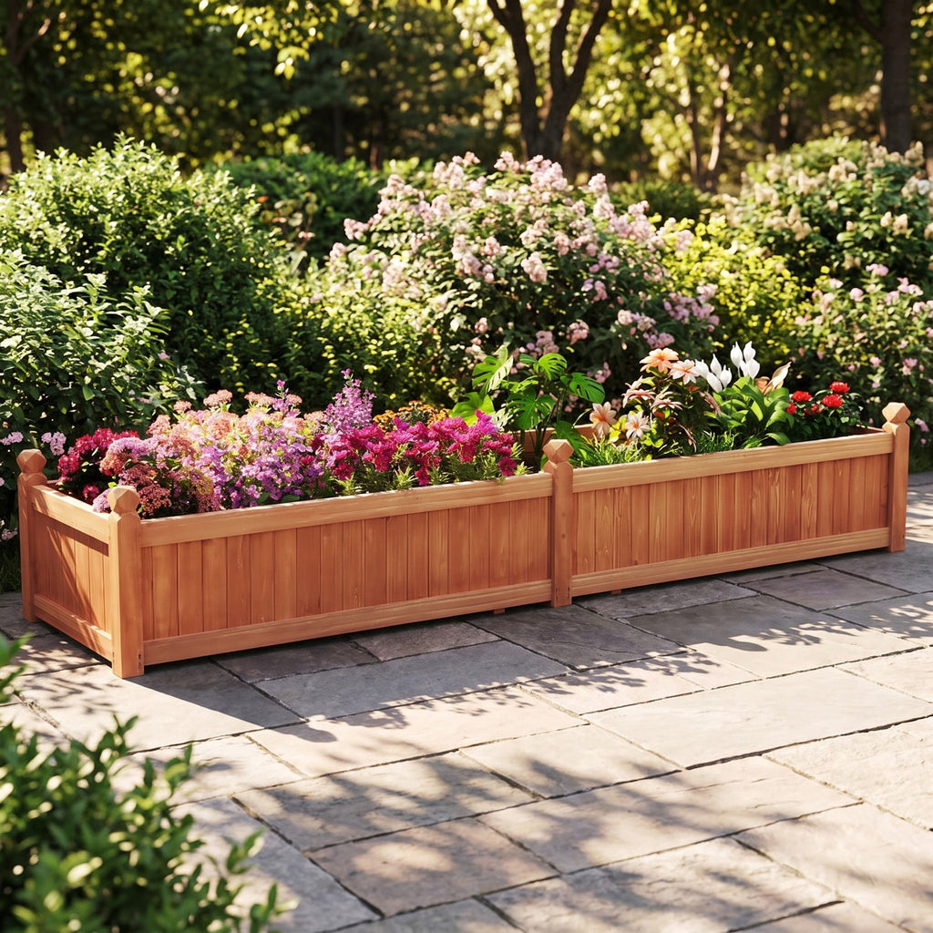 Airfind 91 x 24 x 16 Inch Divisible Planter Box with Corner Drainage and Non-woven Liner for Growing Vegetables, Fir Wood Frame, Brown