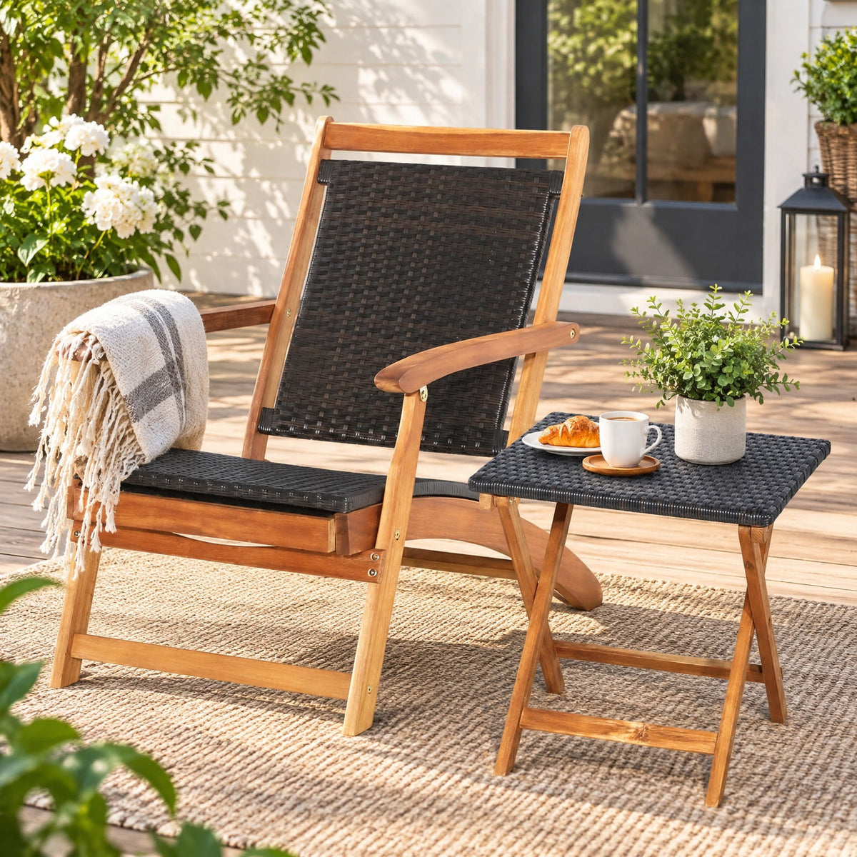 Airfind 2 Pieces Patio Rattan Folding Lounge Chair with Acacia Wood Table, Acacia Wood PE Rattan Steel Frame, 18 x 18 x 18 inch Footprint, Wood