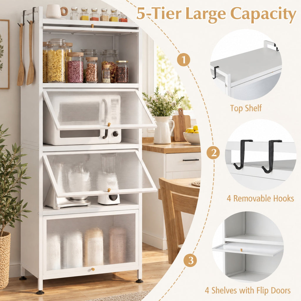 Airfind 5-Tier Kitchen Bakers Rack with Flip-up PC Doors, tier 33 lbs Capacity, Metal PC PP Gray Frame, 23.5 x 12.5 x 60.5 Footprint, White