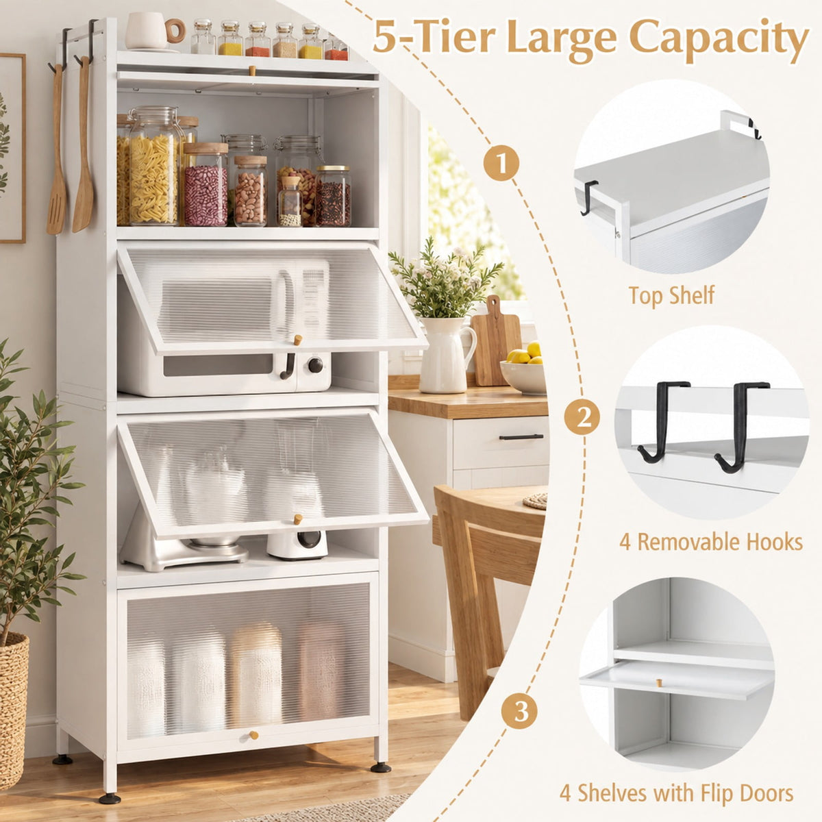 Airfind 5-Tier Kitchen Bakers Rack with Flip-up PC Doors, tier 33 lbs Capacity, Metal PC PP Gray Frame, 23.5 x 12.5 x 60.5 Footprint, White