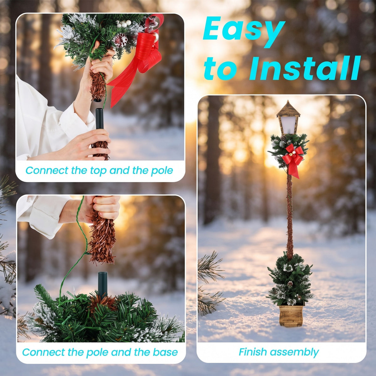 Airfind 6.1 Feet Christmas Pre-lit Street Lamp with Artificial Greenery and Snow-flocked Branch Tips, Metal Plastic Frame, 9in x 9in x 6.1ft Footprint