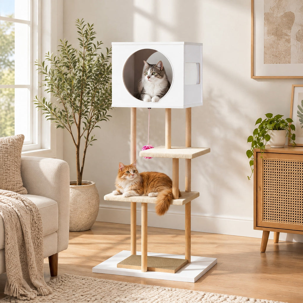 Airfind Tall Wood Cat Tower with 2 Corrugated Cardboard, 15.5 lbs Capacity, Engineered Wood Rubber Wood Corrugated Cardboard Fabric Frame, White