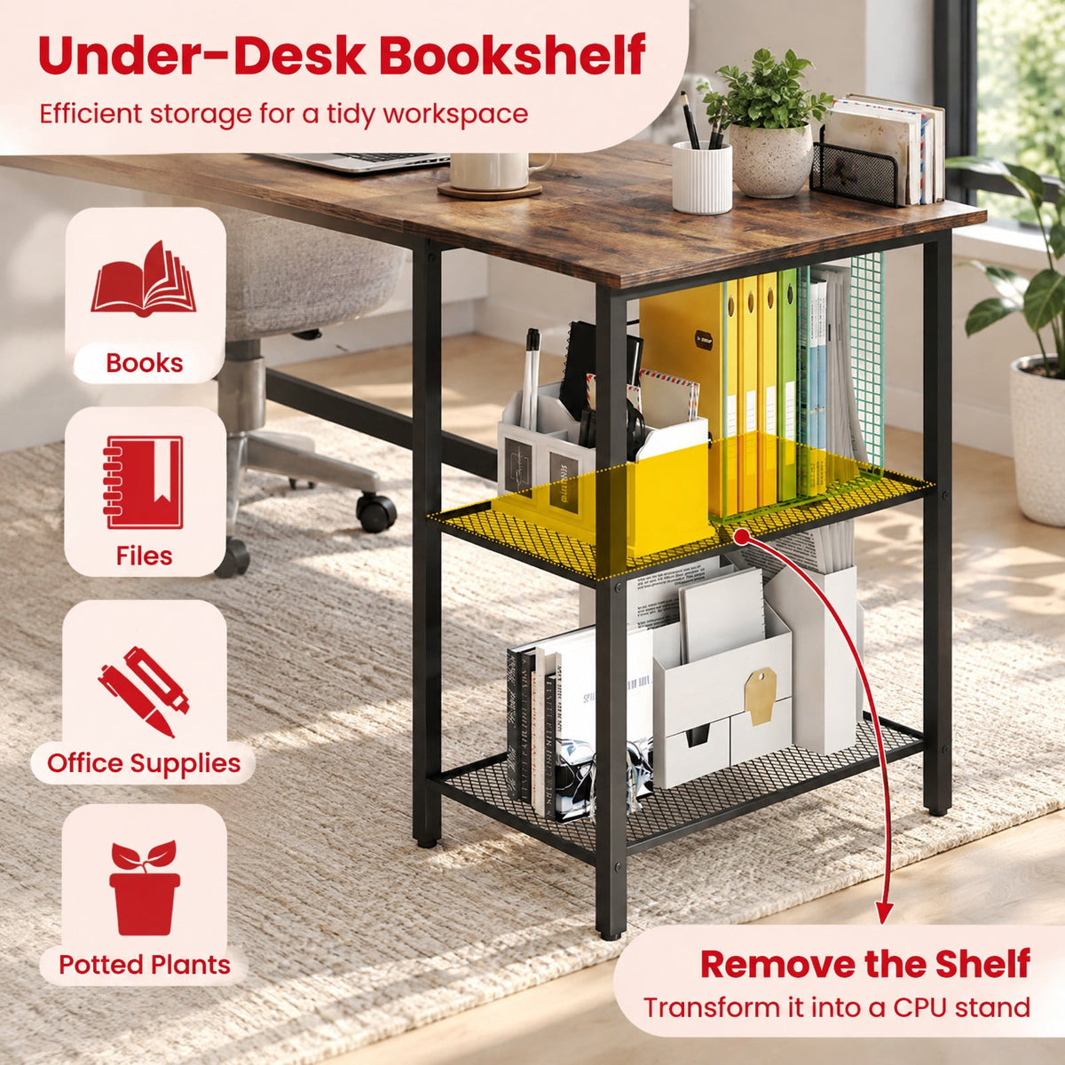 Airfind 59 Inch Home Office Computer Desk with Removable Storage Shelves, 275 lbs Capacity, Metal Engineered Wood Frame, 59 x 24 x 30 Footprint