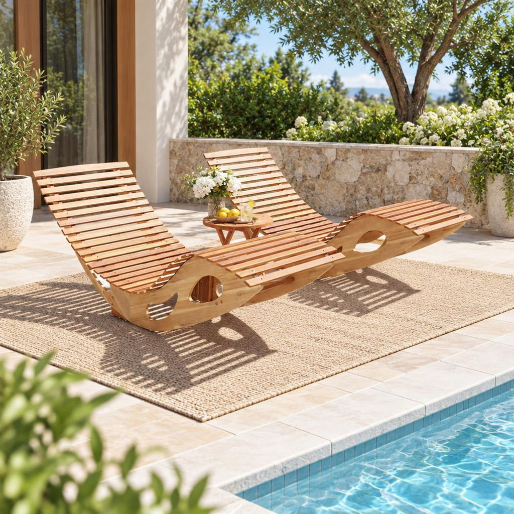 Airfind Acacia Wood Patio Rocking Sun Lounger Chaise Lounge with Ergonomic Curved Seat, 350 lbs Capacity, Acacia Wood Frame, Wood