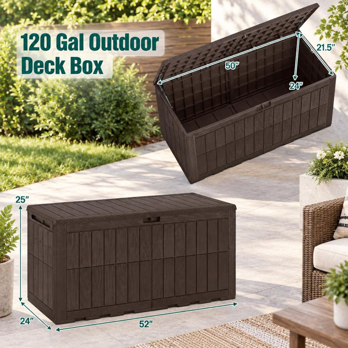 Airfind 120 Gal Outdoor Deck Box with Lid and Handles for Garden Tools, 540 lbs Capacity, PP Metal, 52 Inch x 24 Inch x 25 Inch , Brown