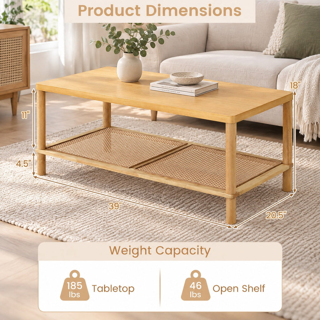 Airfind 2-Tier Boho Coffee Table for Living Room Rectangular Center Table with Rubber Wood Frame and PVC Rattan Storage Shelf, 185 lbs Capacity