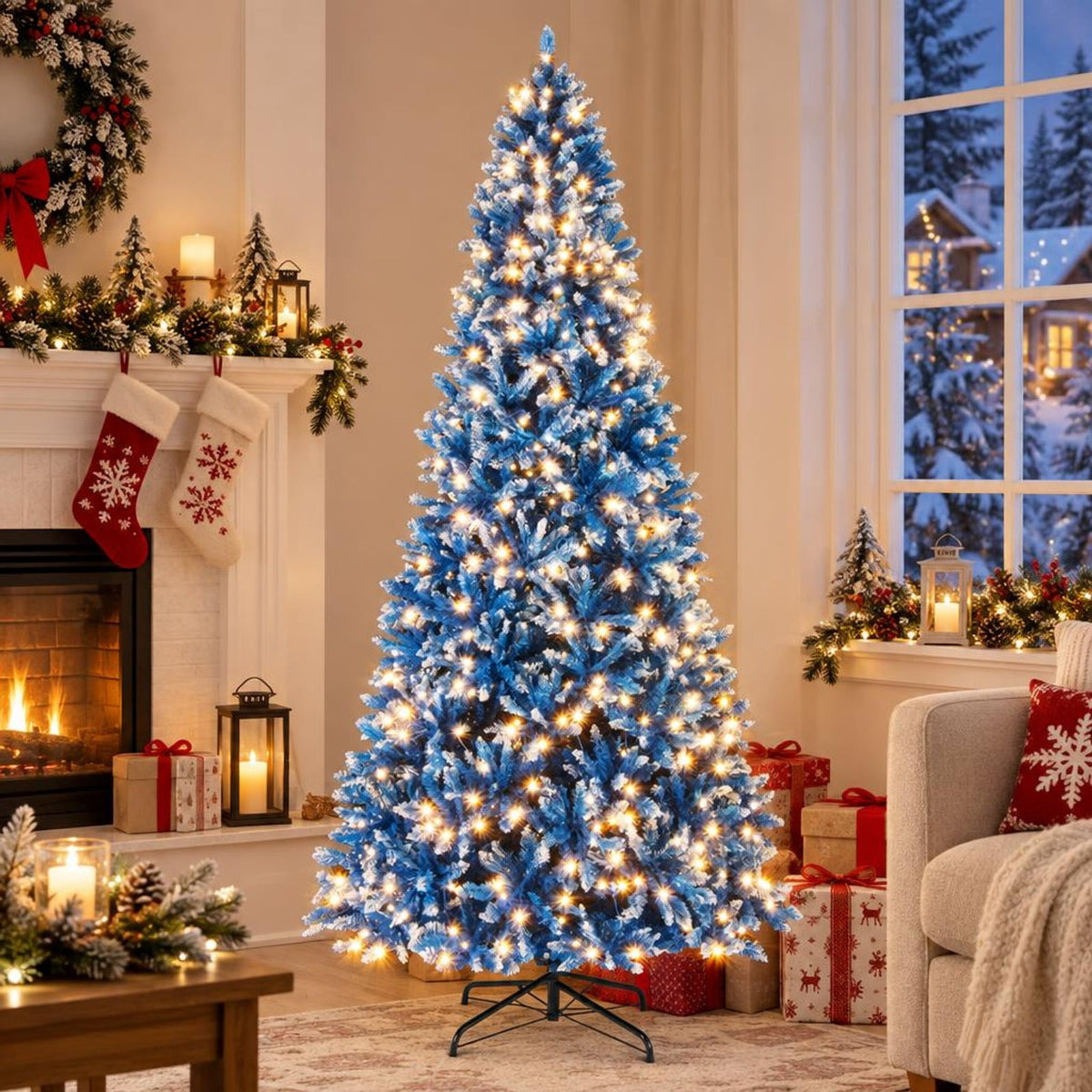 Airfind 6/7/8/9 FT Artificial Christmas Tree with 767 Snowy Branch Tips-9 FT, PVC Metal Frame, 3.1 x 6 ft Footprint, Blue
