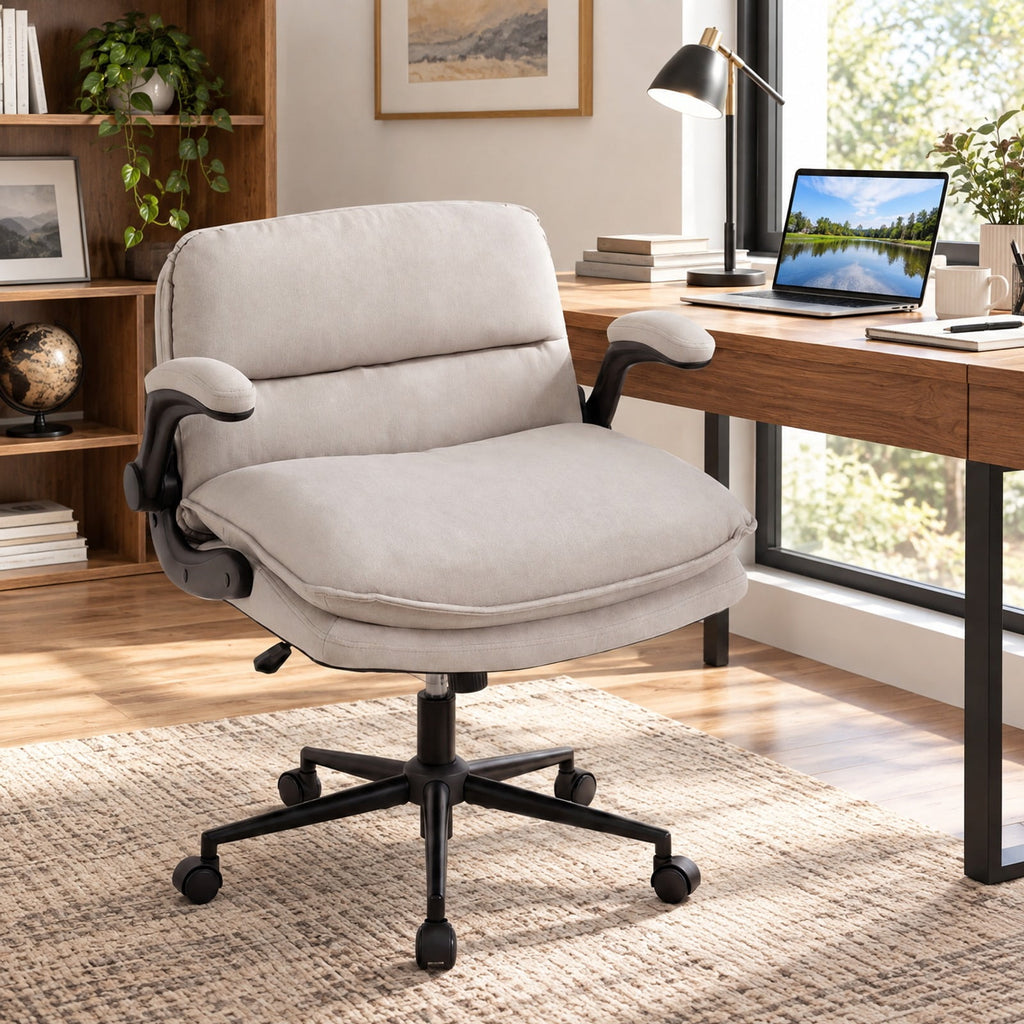 Airfind Criss Cross Chair on Wheels with Flip-up Arms Adjustable Height, 330 lbs Capacity, Faux Leather Metal Sponge PU Nylon Frame, Beige