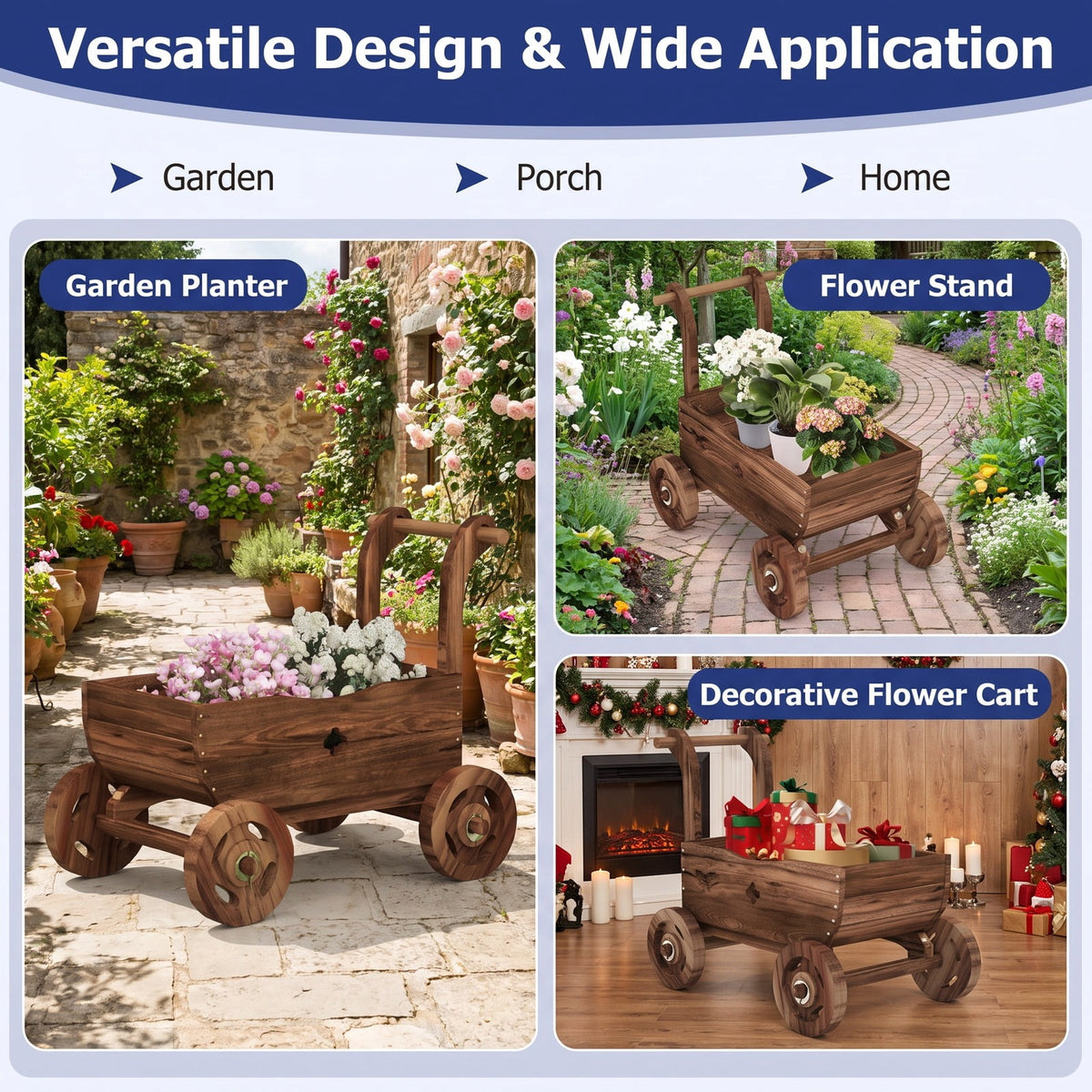 Airfind Decorative Wooden Wagon Cart with Handle Wheels and Drainage Hole, 44 lbs Capacity, Fir Wood Frame, 27 x 15 x 21 Footprint, Brown