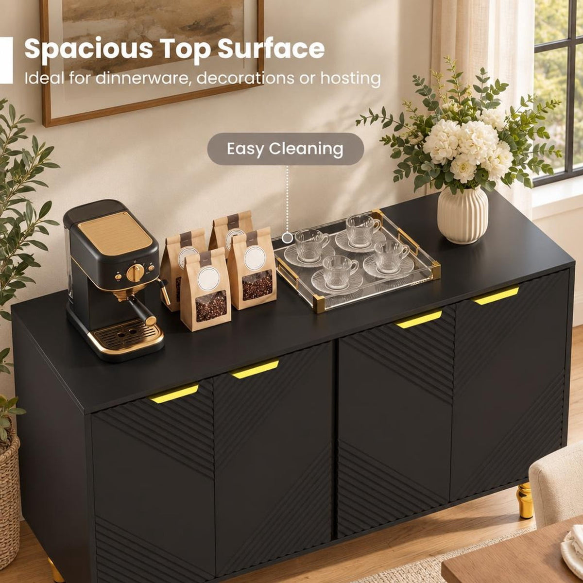 Airfind 47 Sideboard Buffet Cabinet with 4 Chevron Fluted Doors Anti-Toppling Devices for Kitchen, Black