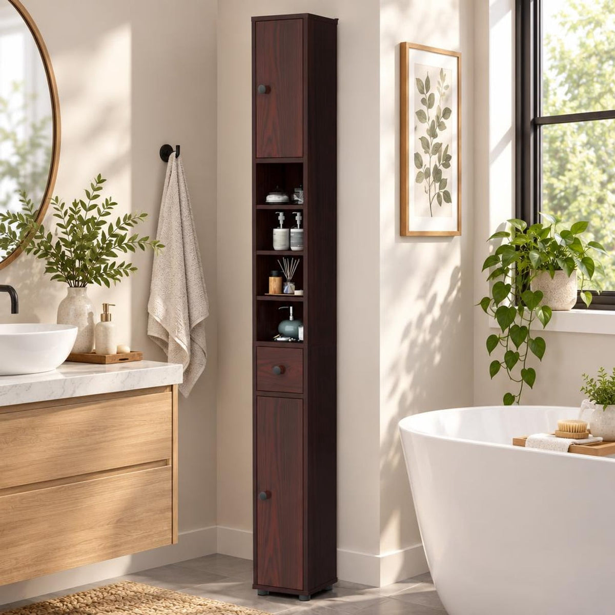 Airfind Freestanding Slim Bathroom Cabinet with Drawer and Adjustable Shelves, 110 lbs Capacity, MDF Frame, 8in x 8in x 71in Total Footprint, Brown