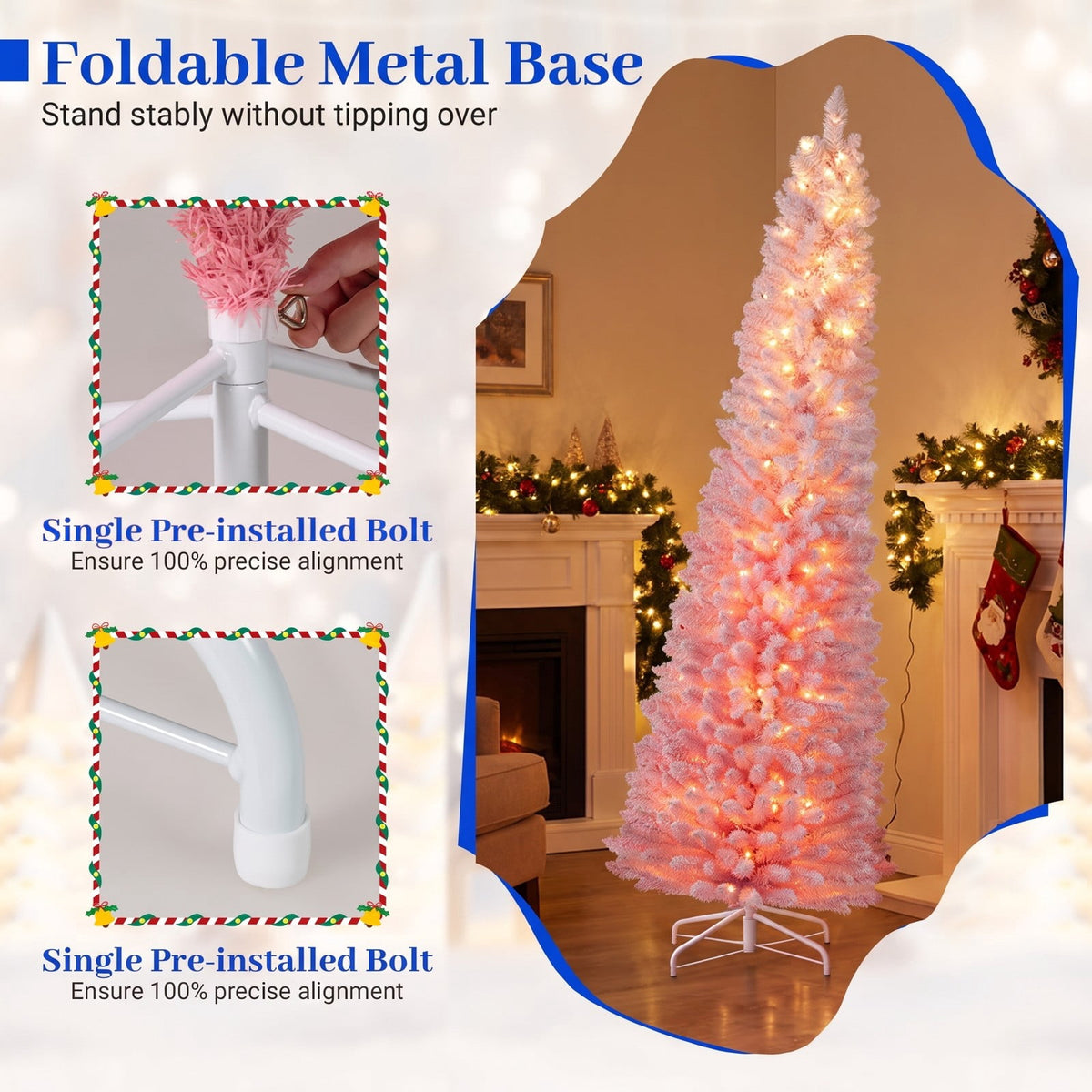 Airfind 7 FTSnow-flocked Artificial Pink Christmas Tree Pre, PVC Metal Tree Height 6 ft / 7 ft Tree Width 1.6 ft / 2 ft Frame, Pink