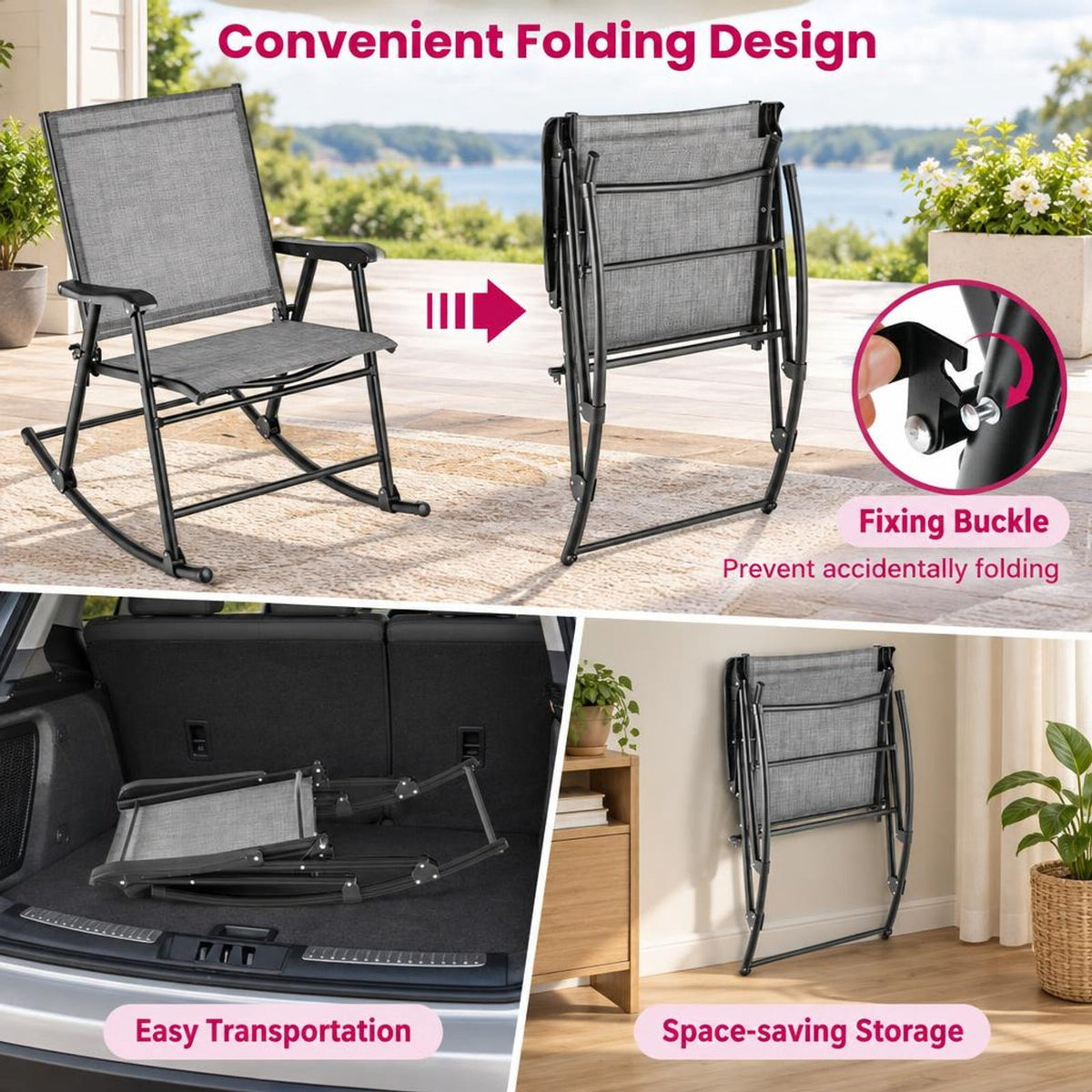 Airfind Folding Rocking Chair with Breathable Seat Fabric Set of 2, 330 lbs Capacity, Fabric Metal Frame, 32.5 x 25 x 36 Footprint, Gray