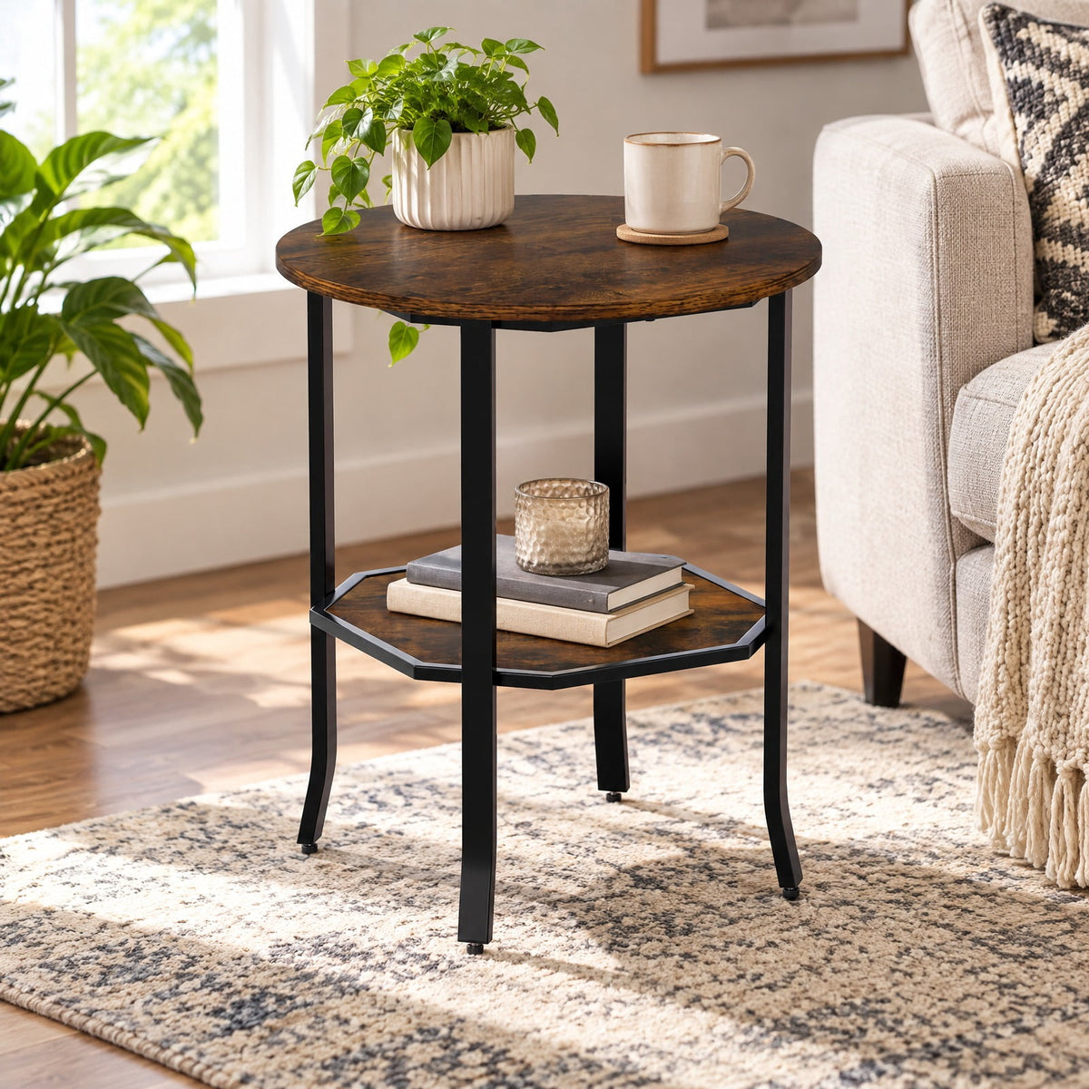 Airfind Round Side Table Small End Table with Storage Shelf 2-Tier Nightstand for Small Space, 90 lbs Capacity, Engineered Wood Carbon Steel Frame