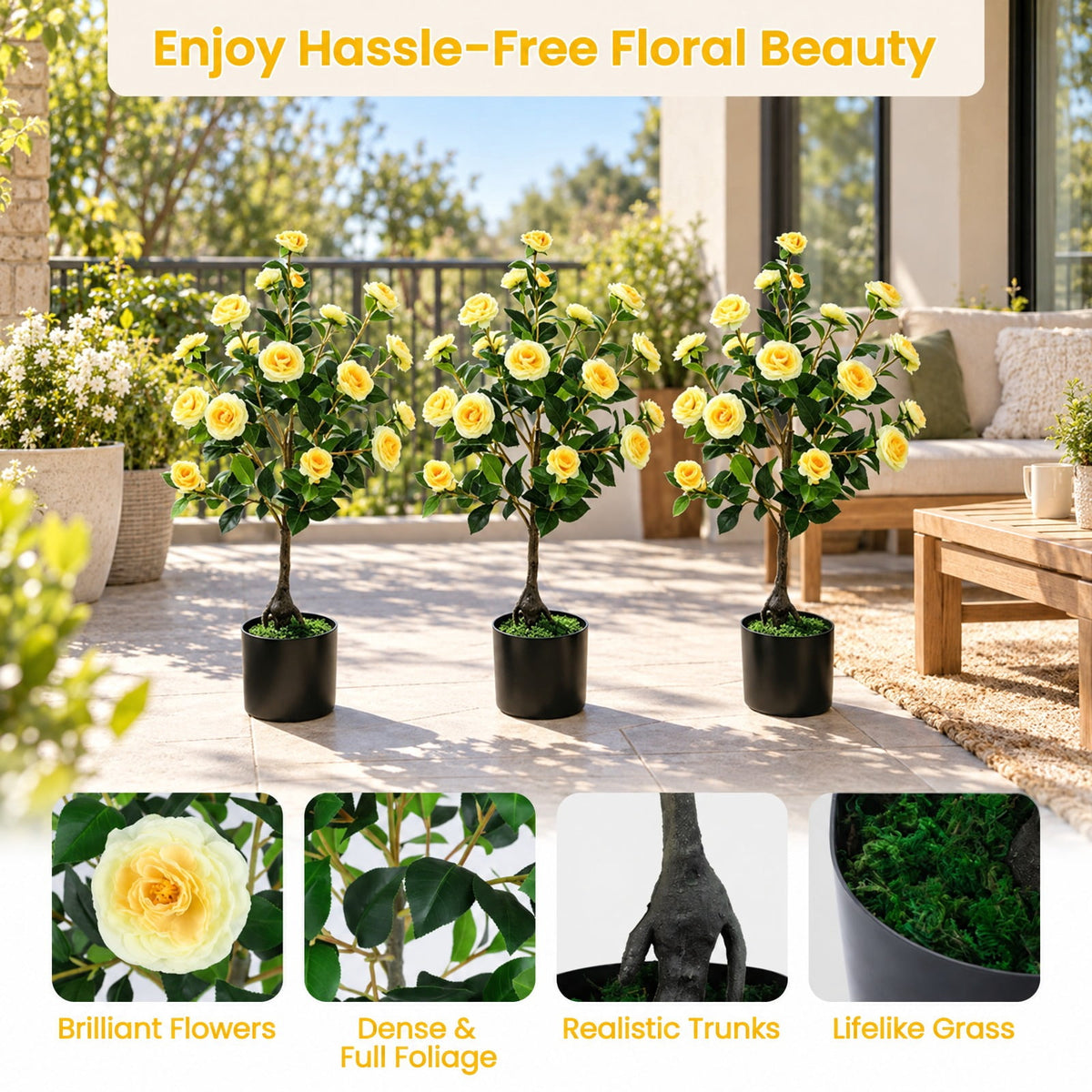 Airfind 2-Pack Artificial Camellia Tree Faux Flower Plant in Cement-Filled Pot, Yellow, offers excellent stability and balance