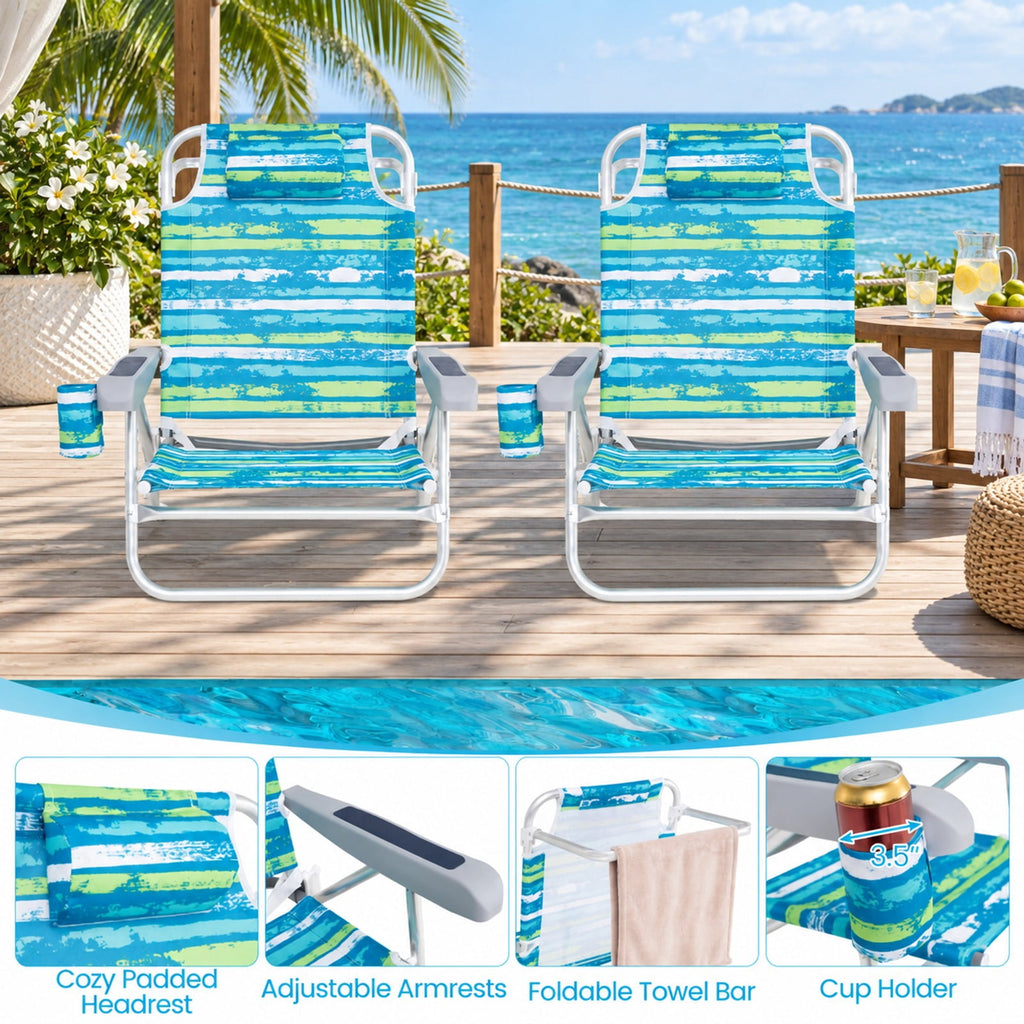 Airfind 2 Pack Folding Beach Chair with Adjustable Positions and Head Pillow, Metal Oxford Fabric Aluminum Frame, Green
