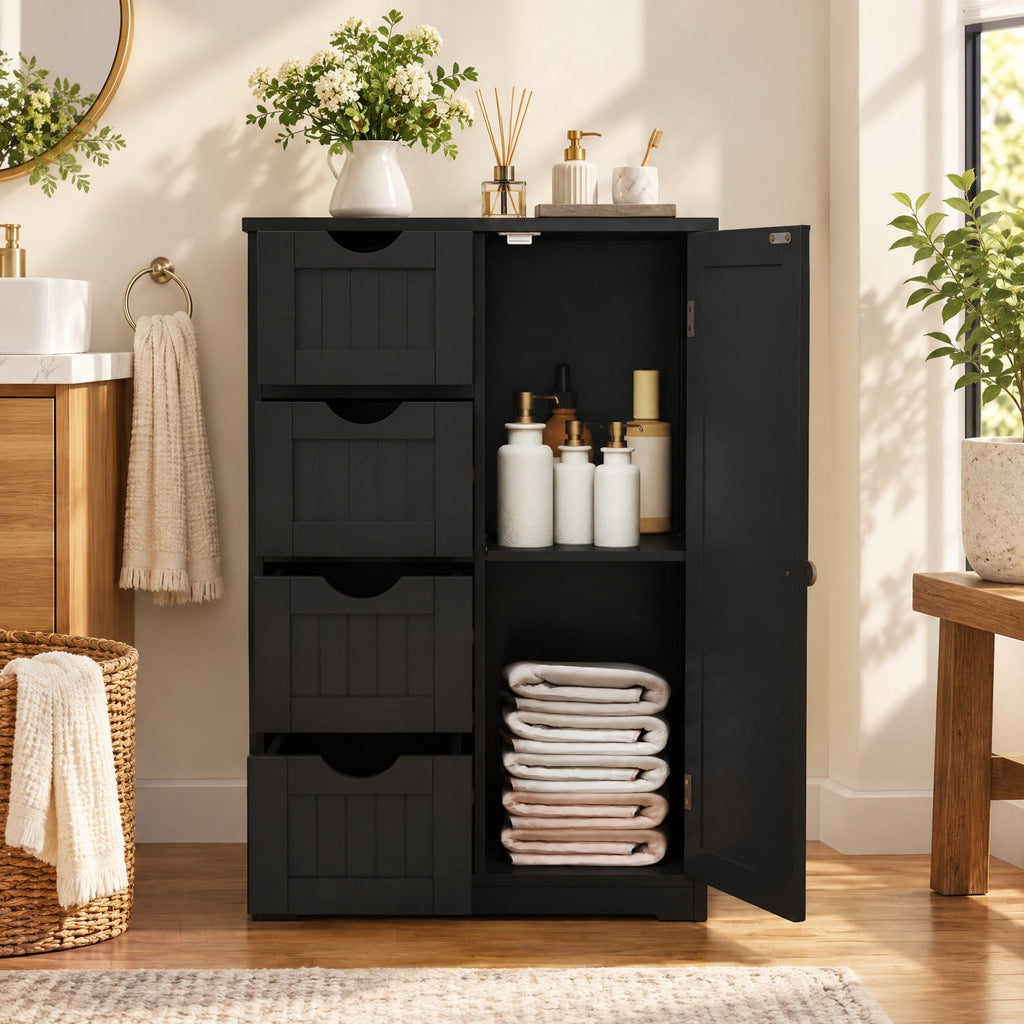 Airfind Standing Indoor Wooden Cabinet with 4 Drawers, 143 lbs Capacity, MDF Engineered Wood Frame, 21.5 Inch x 12 Inch x 32.5 Inch Footprint, Black