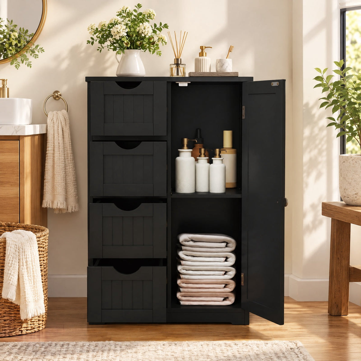 Airfind Standing Indoor Wooden Cabinet with 4 Drawers, 143 lbs Capacity, MDF Engineered Wood Frame, 21.5 Inch x 12 Inch x 32.5 Inch Footprint, Black