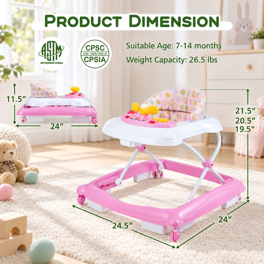 Airfind Foldable Baby Walker with 3 Adjustable Heights and Padded Seat, 26.5 lbs Capacity, PP Frame, for 7-14 months, Pink