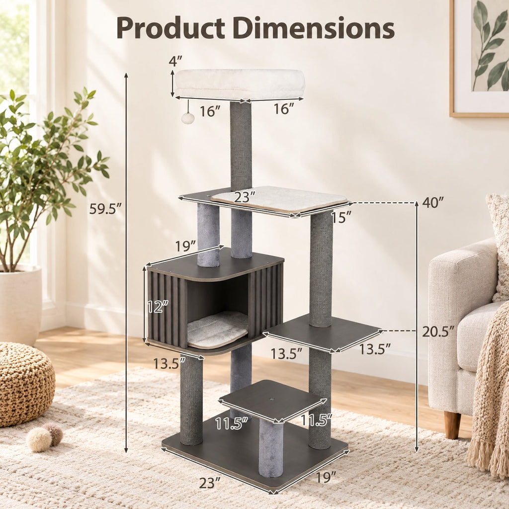 Airfind Multi-level Cat Tree for Indoor Cat 59.5 inch Tall Cat Tower with Cushion Top Perch, 23 Inch x 19 Inch Cat Condo Footprint, Gray