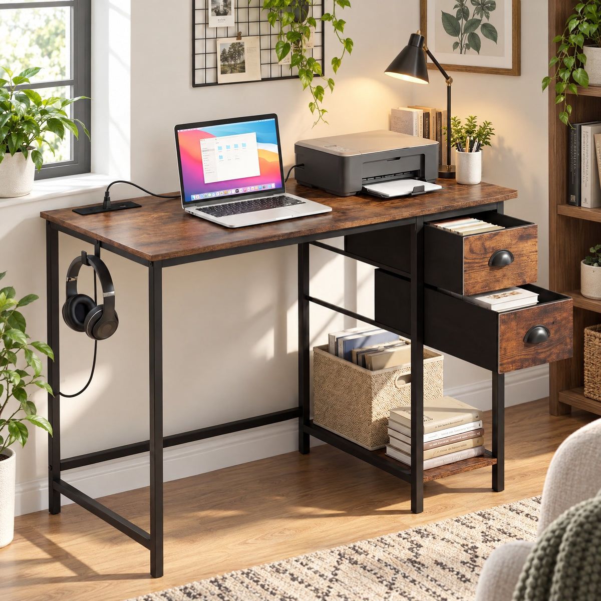Airfind Computer Desk with Charging Station and 2 Fabric Drawers for Small Spaces, 110 lbs Capacity, Engineered Wood MDF Metal Fabric Frame, Brown