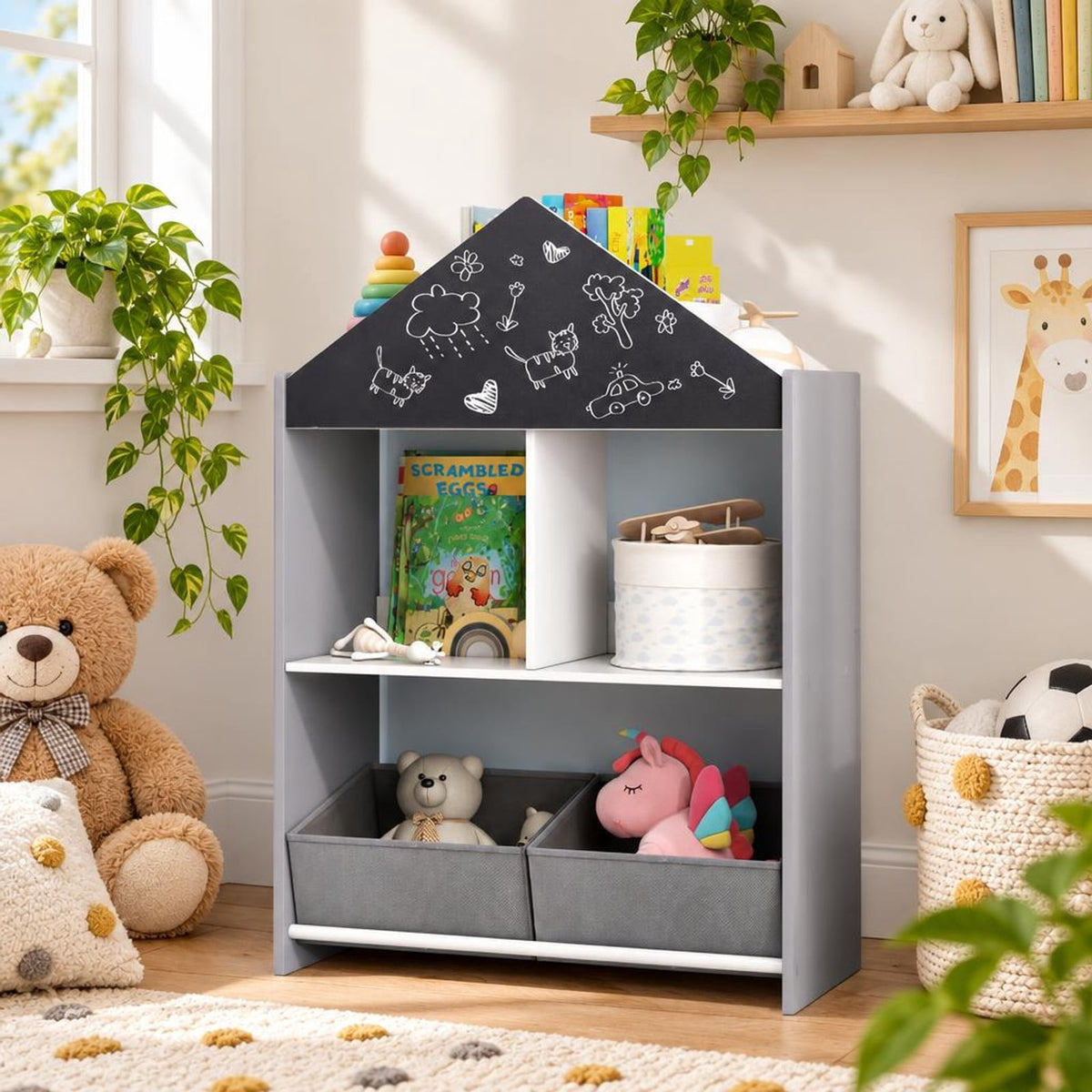 Airfind Playhouse Kids Bookshelf with Chalkboard and Whiteboard for 3-6 Years, MDF Metal Fabric Frame, Gray