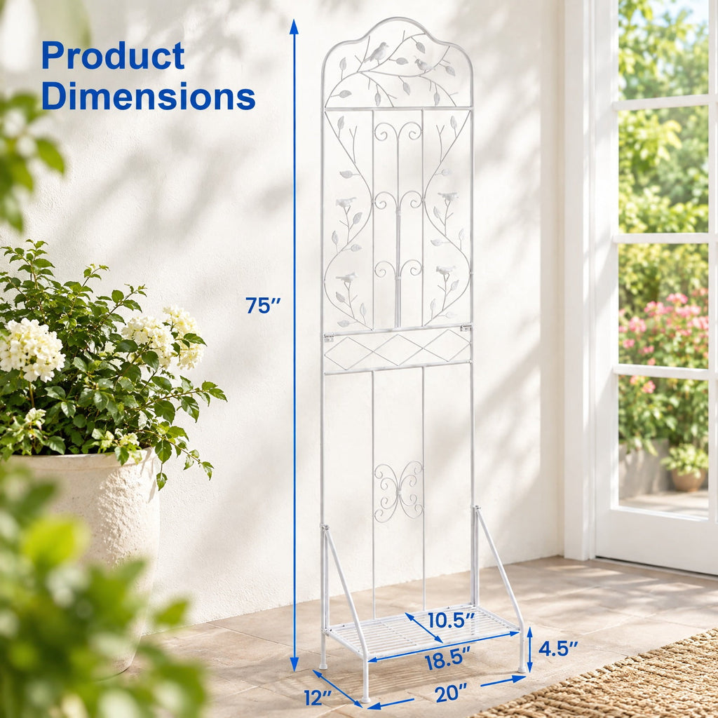 Airfind 75 x 20 Inch Outdoor Metal Garden Trellis with Foldable Bottom Shelf, 33 lbs Capacity, Metal Frame, 20 x 12 x 75 Footprint, White