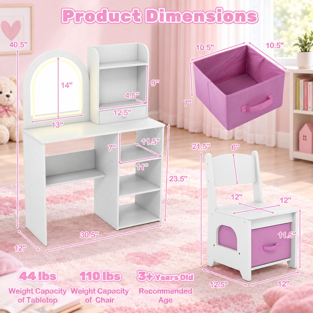 Airfind Kids Vanity Set Princess Girls Makeup Vanity Desk with Chair and 3-Color LED Lighted Mirror, 45 lbs Capacity, MDF Frame, White