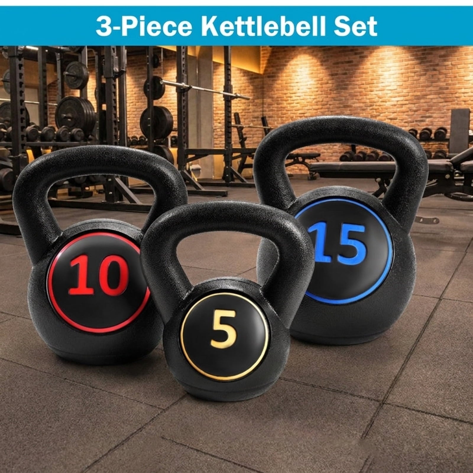 Airfind 3-Piece Cement Kettlebell Set (5-10-15 lbs) for Functional Strength Training, Black