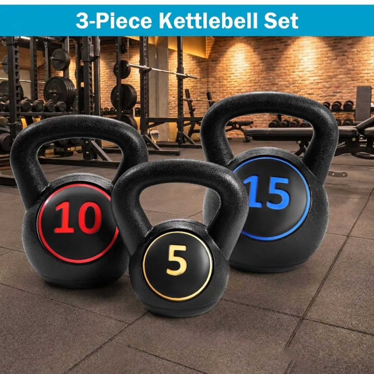 Airfind 3-Piece Cement Kettlebell Set (5-10-15 lbs) for Functional Strength Training, Black