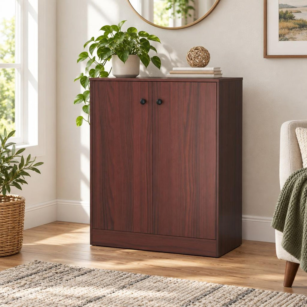 Airfind 2-Door Modern Floor Storage Cabinet with 3-Tier Shelf, 110 lbs Capacity, Engineered Wood MDF Frame, 27.5in x 13.5in x 33.5in Footprint, Brown