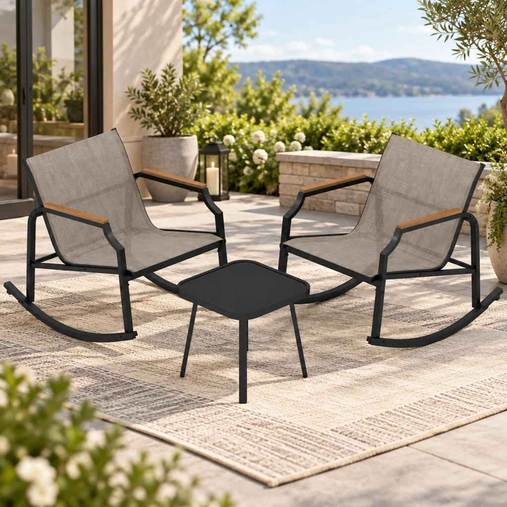 Airfind 3 Piece Patio Rocking Bistro Set with Tempered Glass Coffee Table and Armrests for Porch, Rocking Chair 330 lbs Capacity, Brown