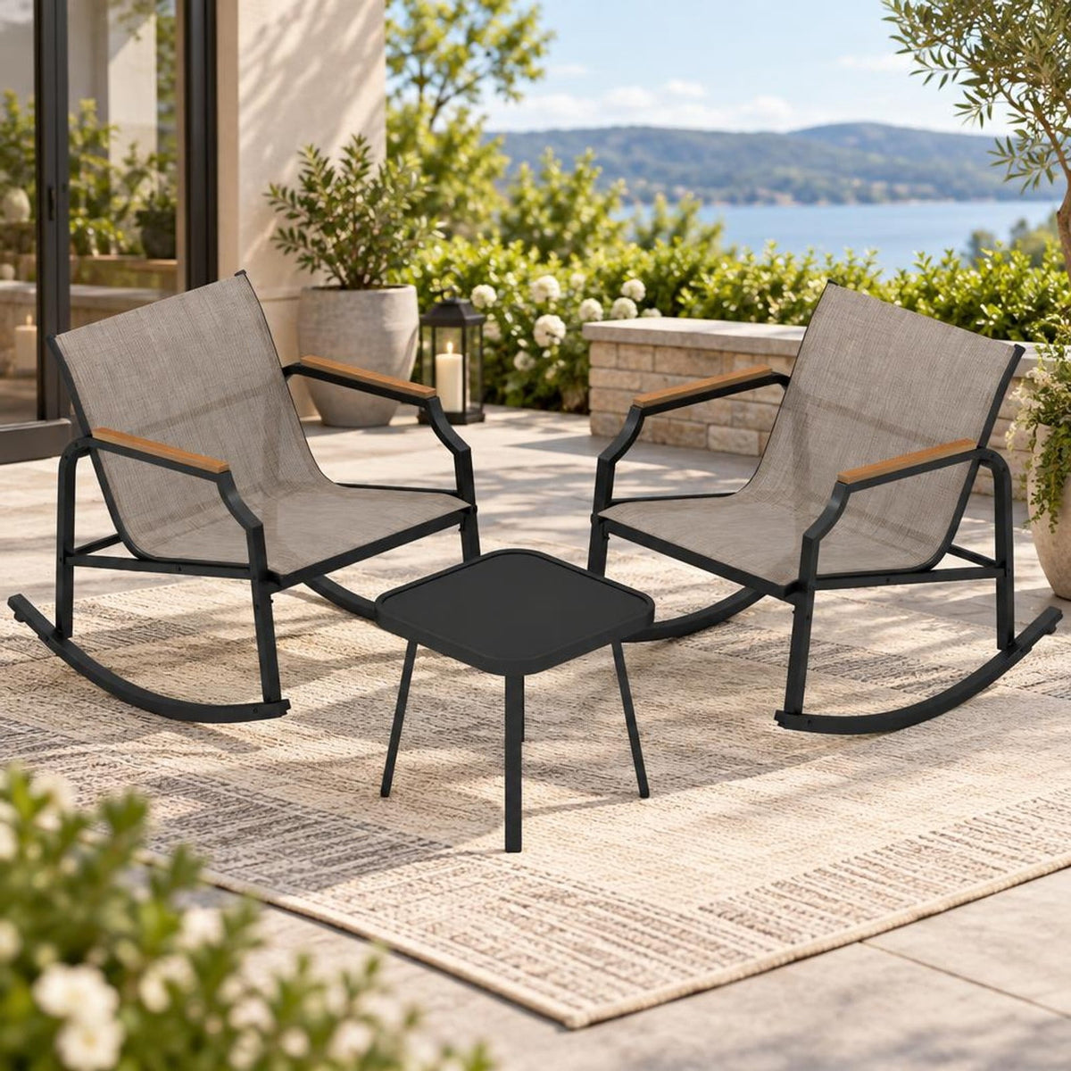 Airfind 3 Piece Patio Rocking Bistro Set with Tempered Glass Coffee Table and Armrests for Porch, Rocking Chair 330 lbs Capacity, Brown